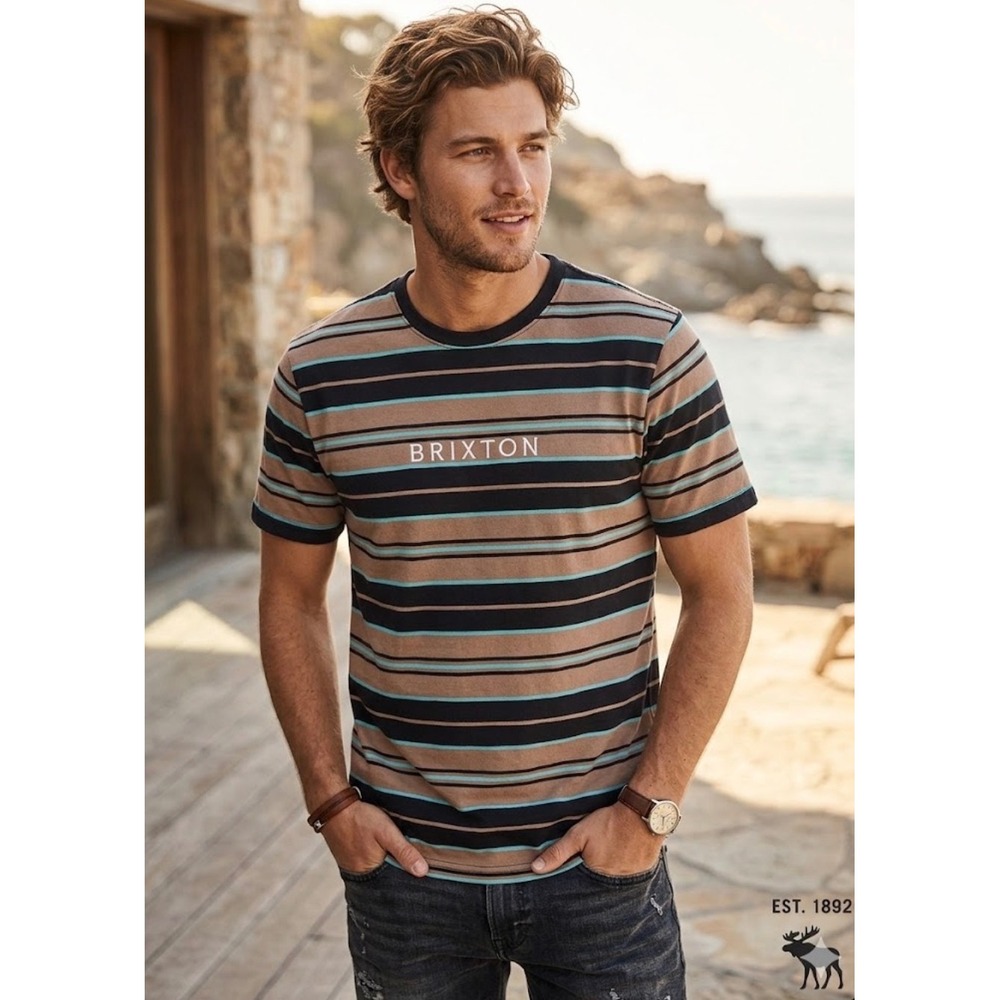 Brixton Mens Striped Short Sleeve T-Shirt Brown Black Blue Logo Size M